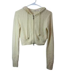 Lucidity Y2K Yellow Cable Knit Cropped Hooded Jacket Sz M Pom Poms Angora Wool